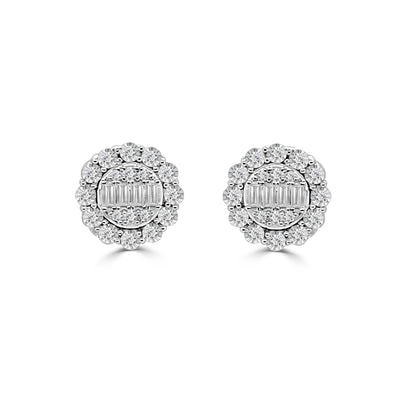 14 Karat White Gold Mosaic Round Stud Earrings with Halo featuring Natural Diamond 0.25 Carat