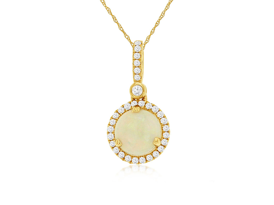 Opal Halo Necklace with Diamond Bail in 14K Yellow Gold - Round Shape 0.70 carats
