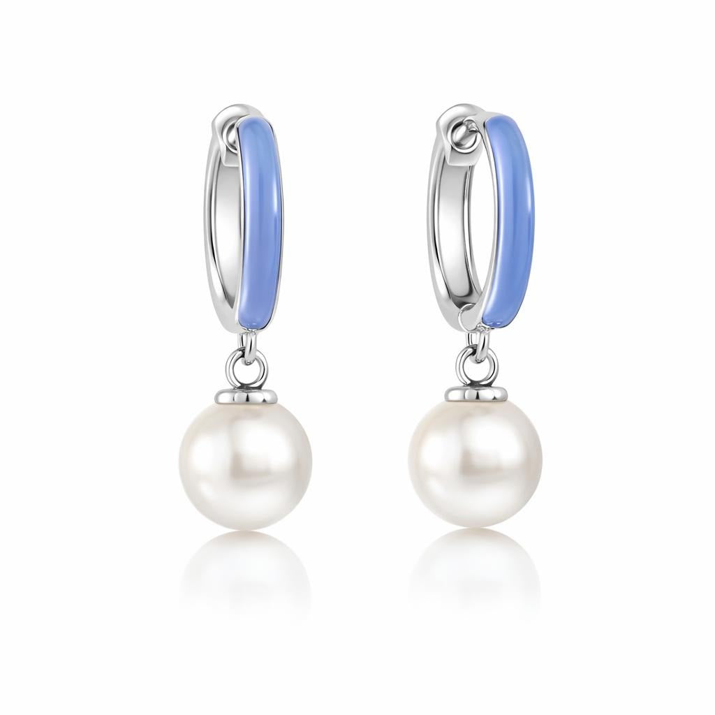 Pearl Huggie Earrings with Blue Enamel