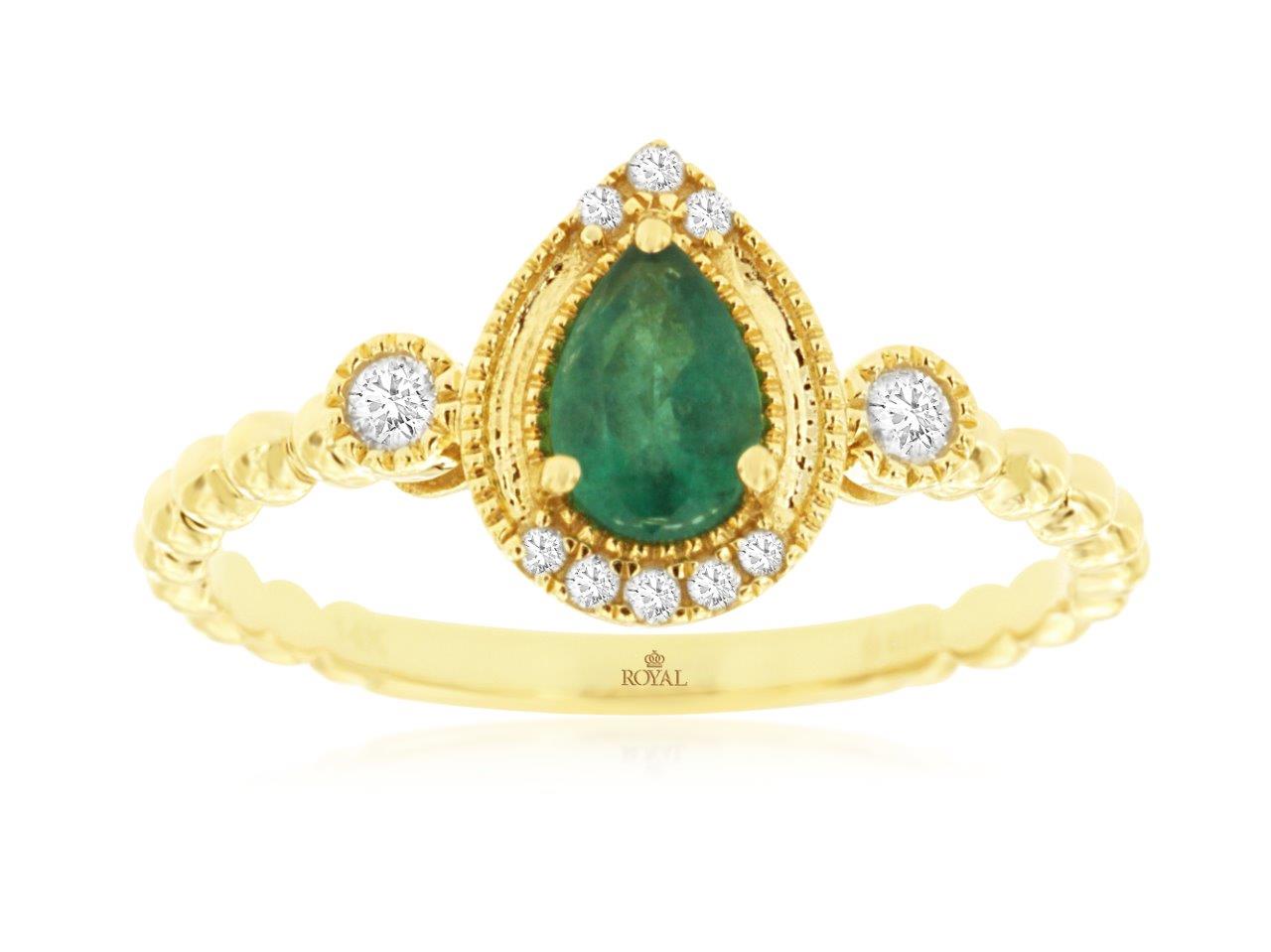 14K Yellow Gold Pear-Shaped Emerald and Diamond Ring, 0.37 ct