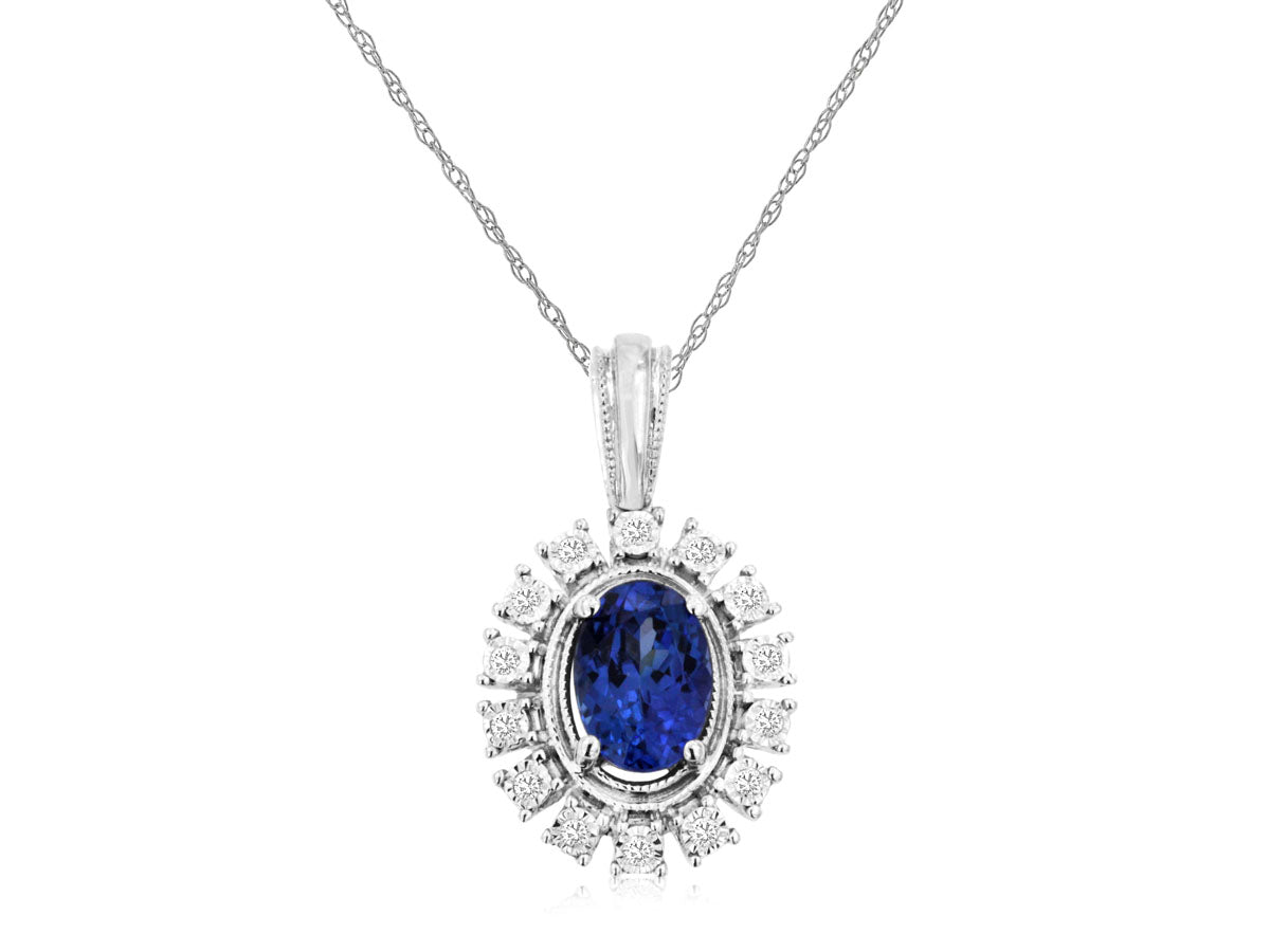 0.84 Carat Tanzanite and Diamond Oval Pendant in 14K White Gold Necklace