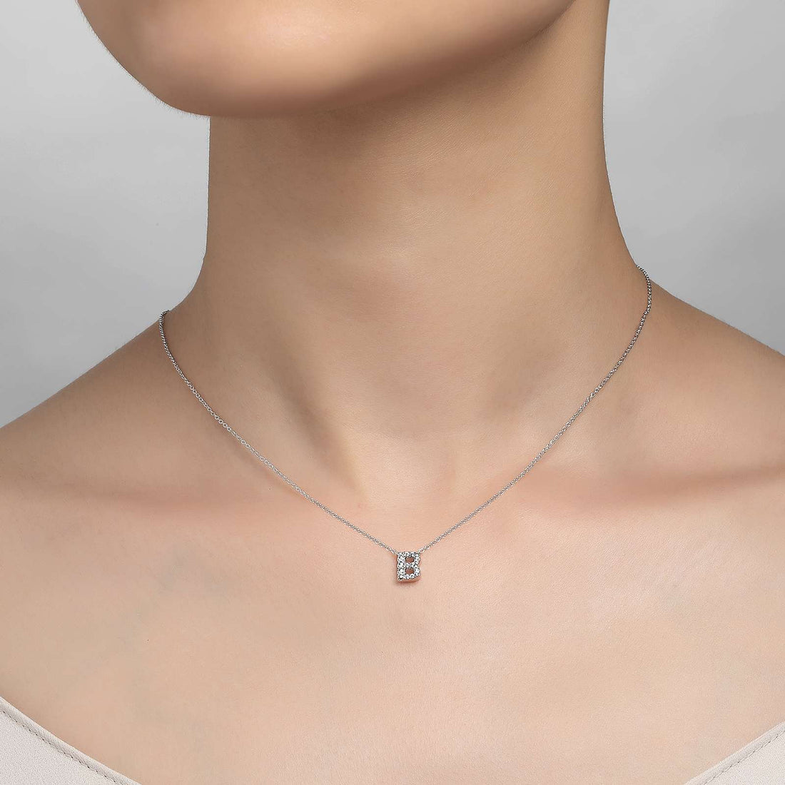 Platinum Coated Sterling Silver Block Letter B Necklace with Lassaire 0.42 Carat