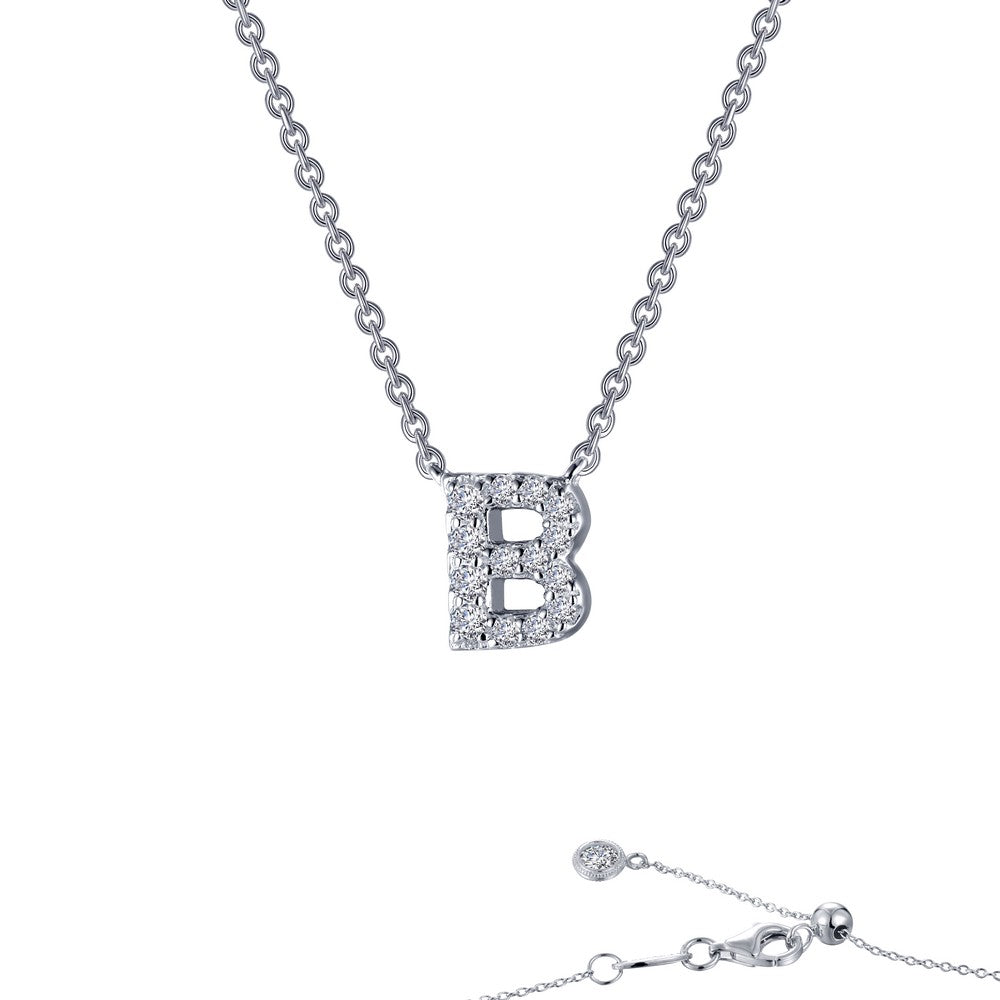 Platinum Coated Sterling Silver Necklace with Block Letter B by Lassaire - 0.42