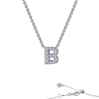 Platinum Coated Sterling Silver Necklace with Block Letter B by Lassaire - 0.42