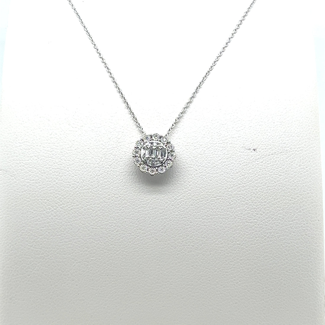 Mosaic Round Pendant with Halo Necklace in 14 Karat White Gold featuring Natural Diamond - 0.12 Carat