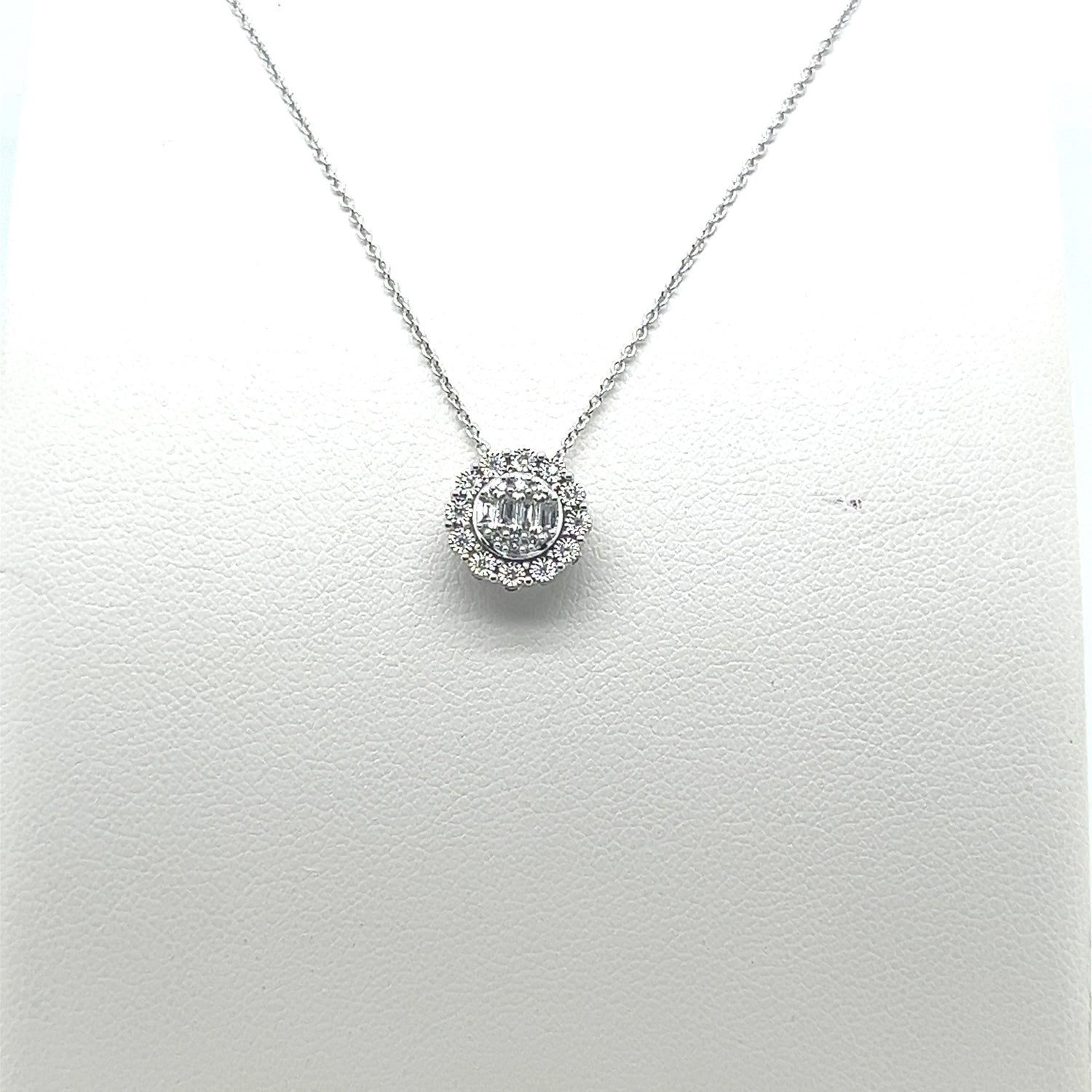 Mosaic Round Pendant Necklace in 14 Karat White Gold with Natural Diamond 0.12 Carat Halo