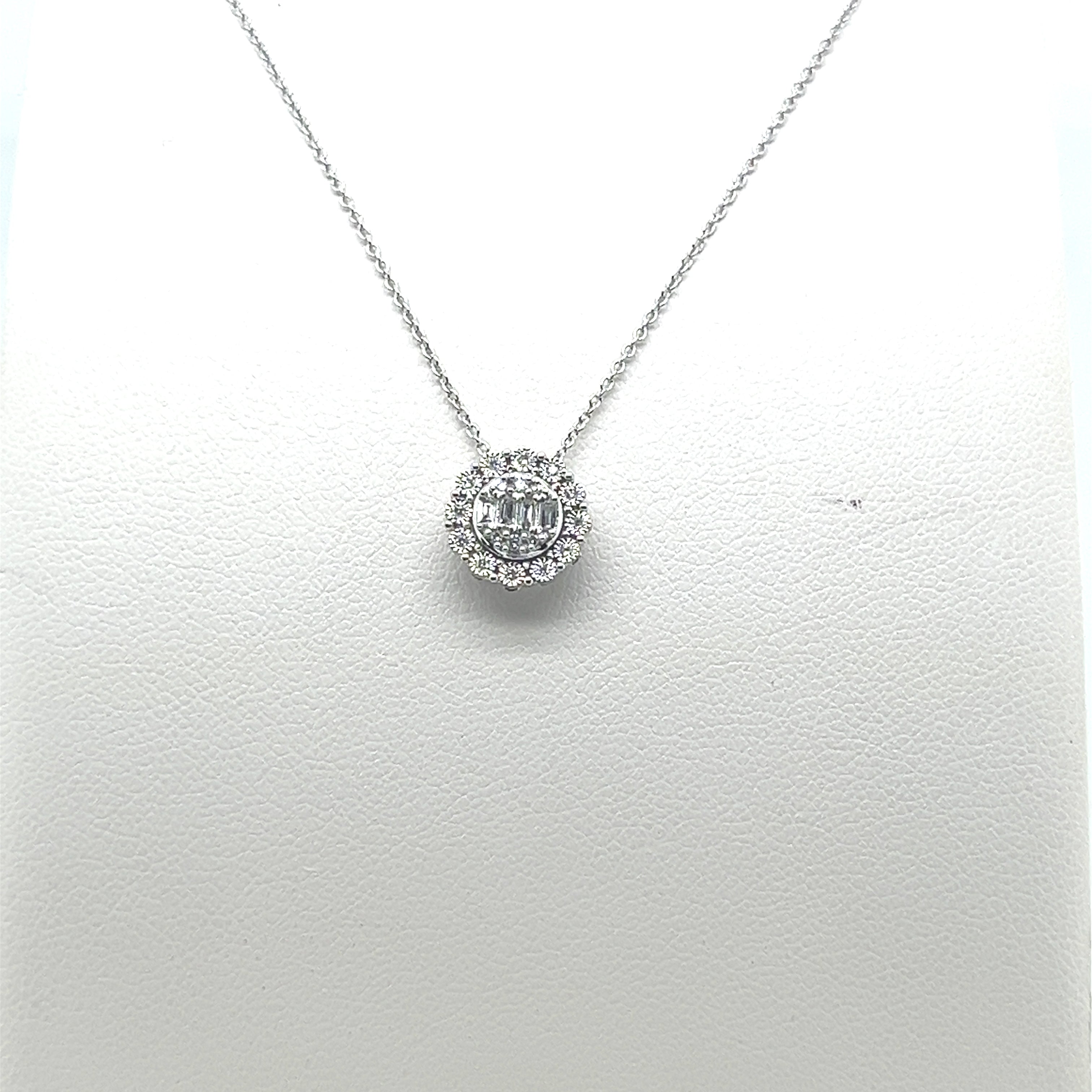 Mosaic Round Pendant Necklace in 14 Karat White Gold with Natural Diamond 0.12 Carat Halo