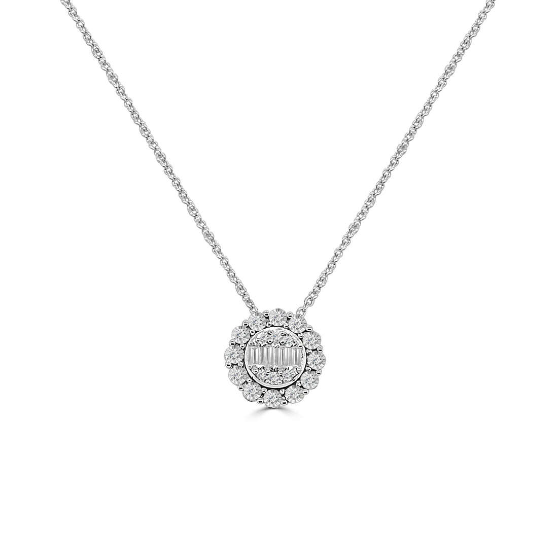 Mosaic Round Pendant with Halo Necklace in 14 Karat White Gold featuring Natural Diamond - 0.12 Carat