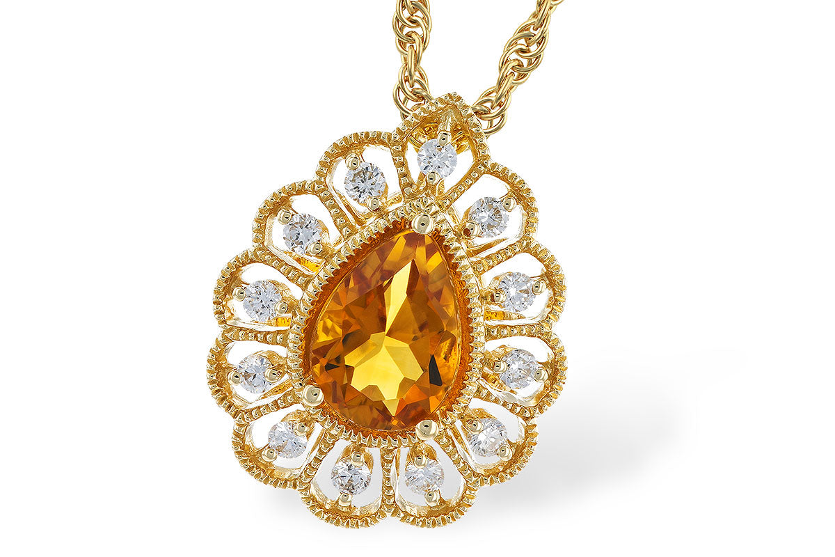 14K Yellow Gold Citrine Fancy Milgrain Halo Pear Necklace 0.62 CTW