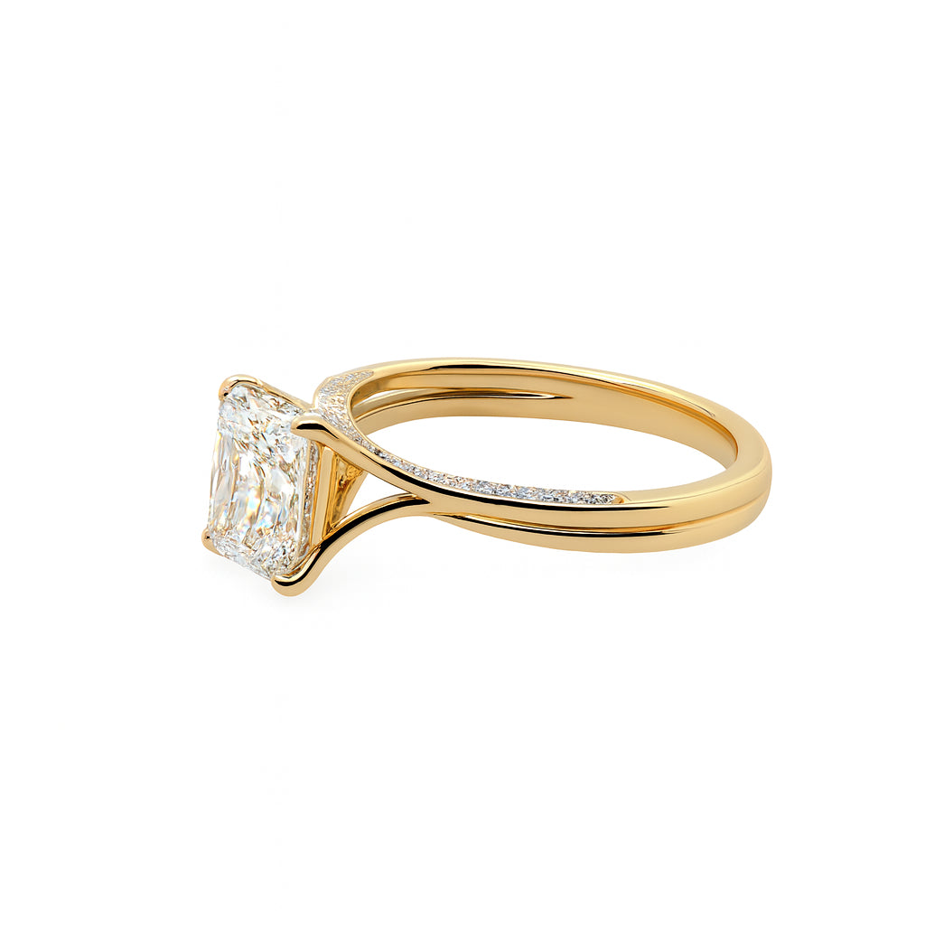 Radiant Twist 14K Yellow Gold Engagement Ring with 2.00 Lab Diamond Bridge