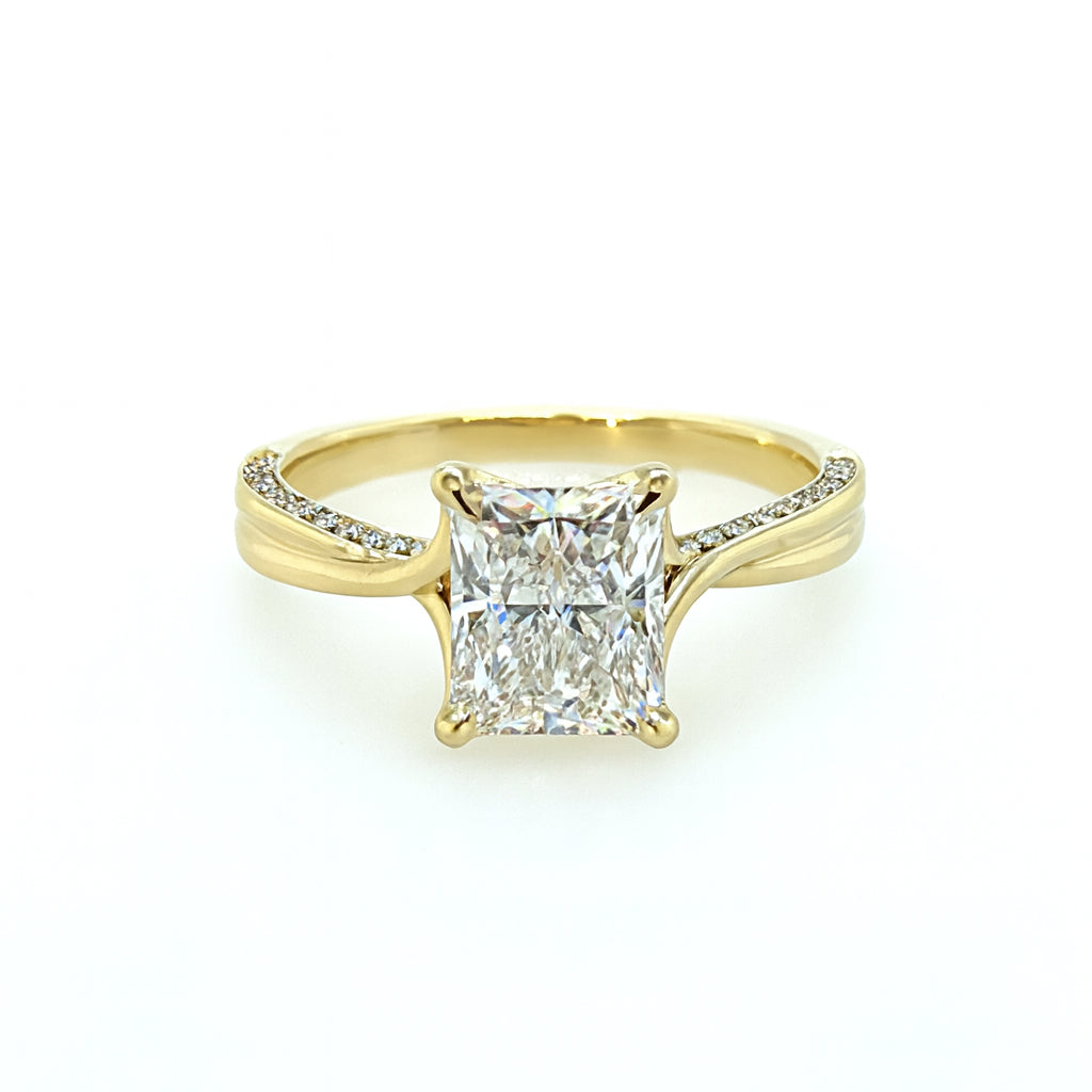 Radiant Twist 14K Yellow Gold Engagement Ring with 2.00 Lab Diamond Bridge