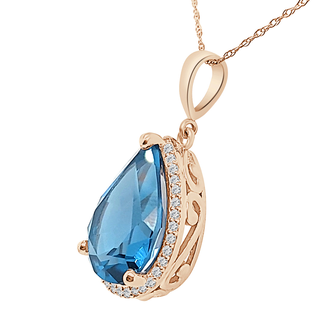 London Pear Halo Blue Topaz Necklace in 14 Karat Rose Gold - 10.60 Carats
