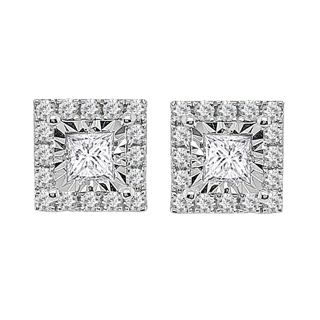 18 Karat White Gold Princess Halo Stud Earrings with 0.73 Carat Natural Diamond