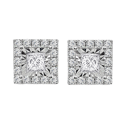 18K White Gold Princess Halo Stud Earrings with 0.73 ct Natural Diamond