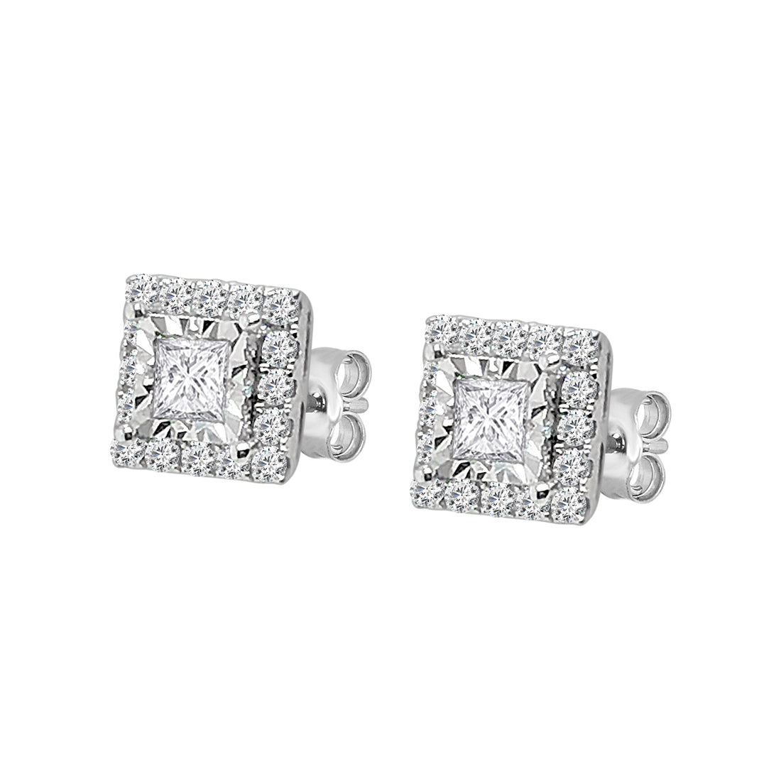 18 Karat White Gold Princess Halo Stud Earrings with 0.73 Carat Natural Diamond