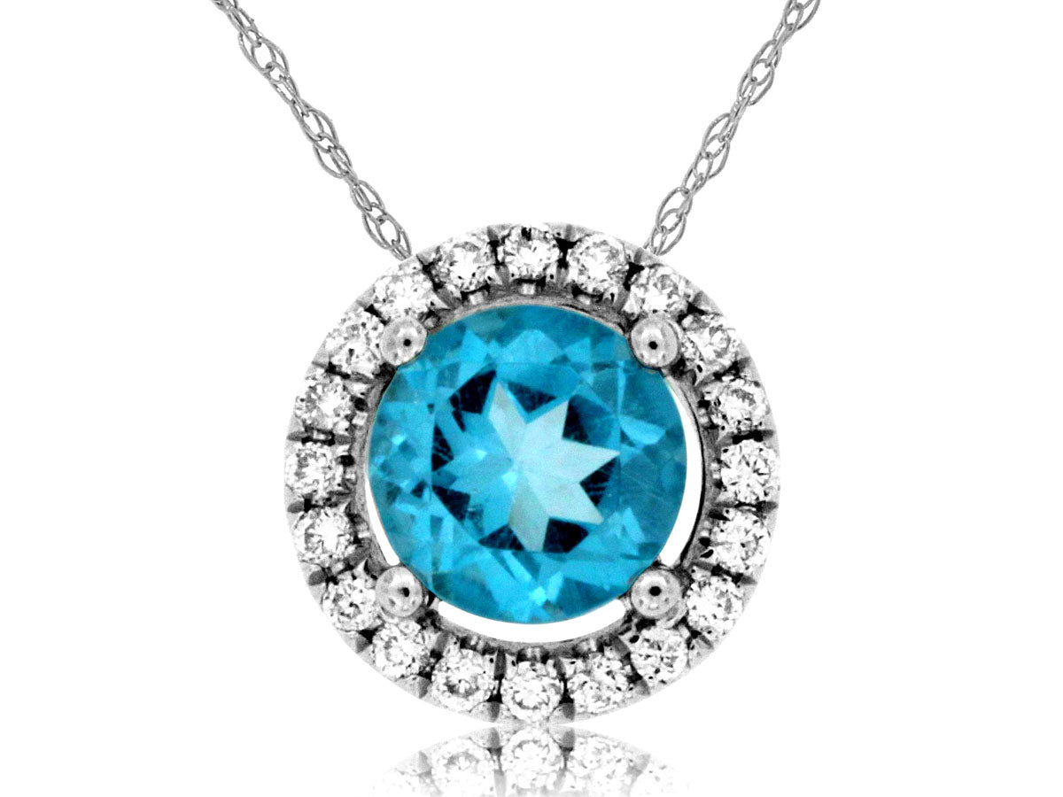 14K White Gold Halo Blue Topaz Necklace - Round Shape 0.58 ct