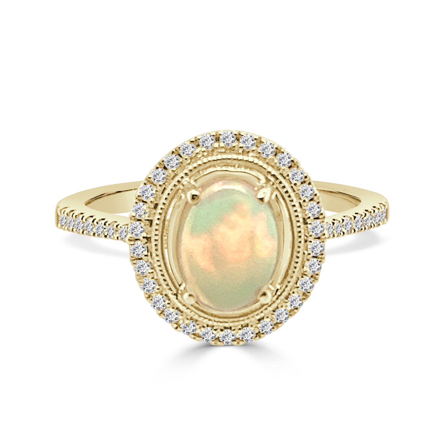 Oval Opal and Diamond Ring in 14 Karat Yellow Gold - 0.90 Carats