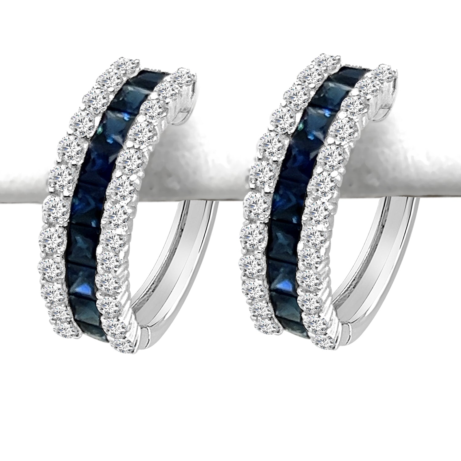 14K White Gold Diamond Channel Set Blue Sapphire Hoop Earrings - 2.23 ct