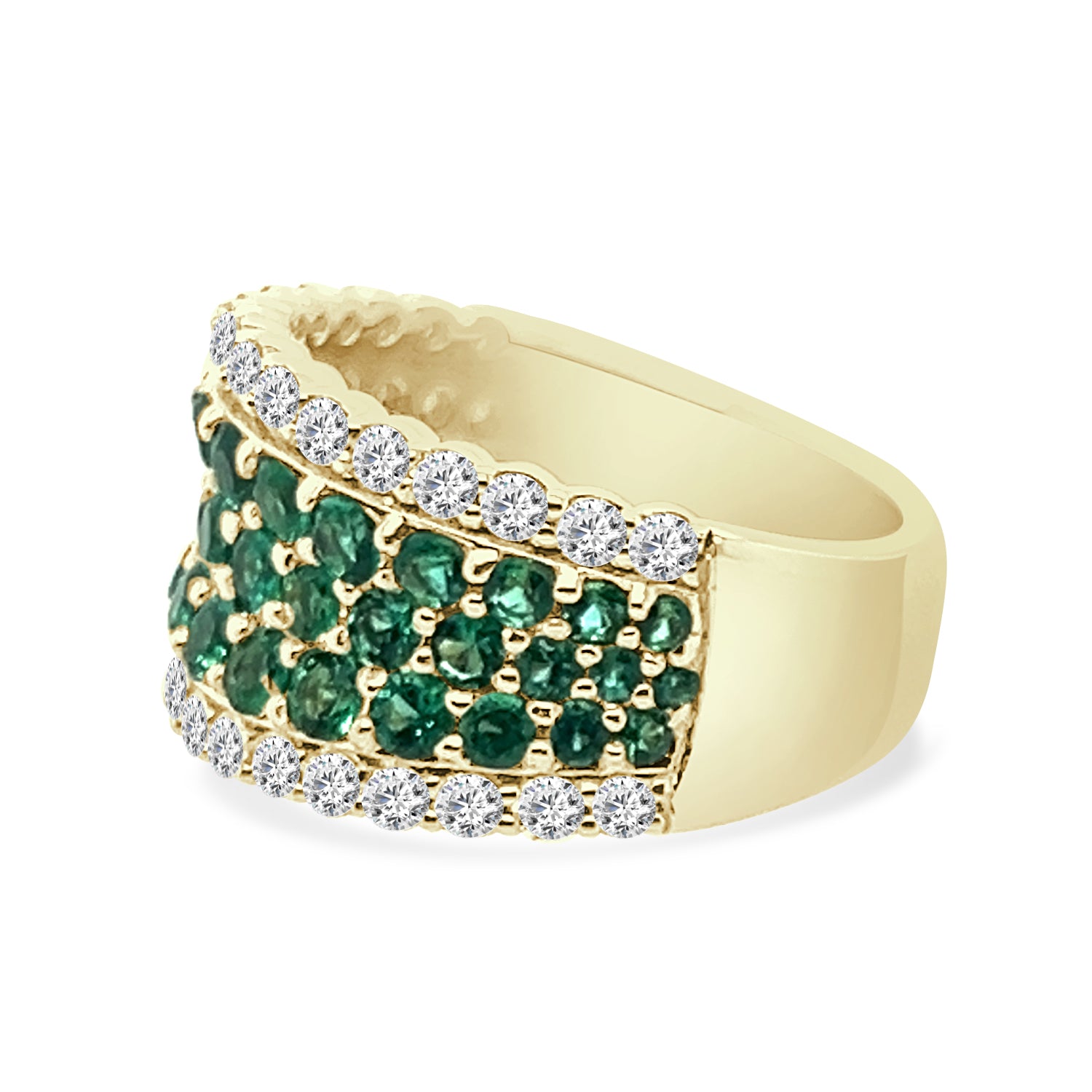14K Yellow Gold Multi-Row Diamond and Emerald Statement Ring - 1.58 Carats