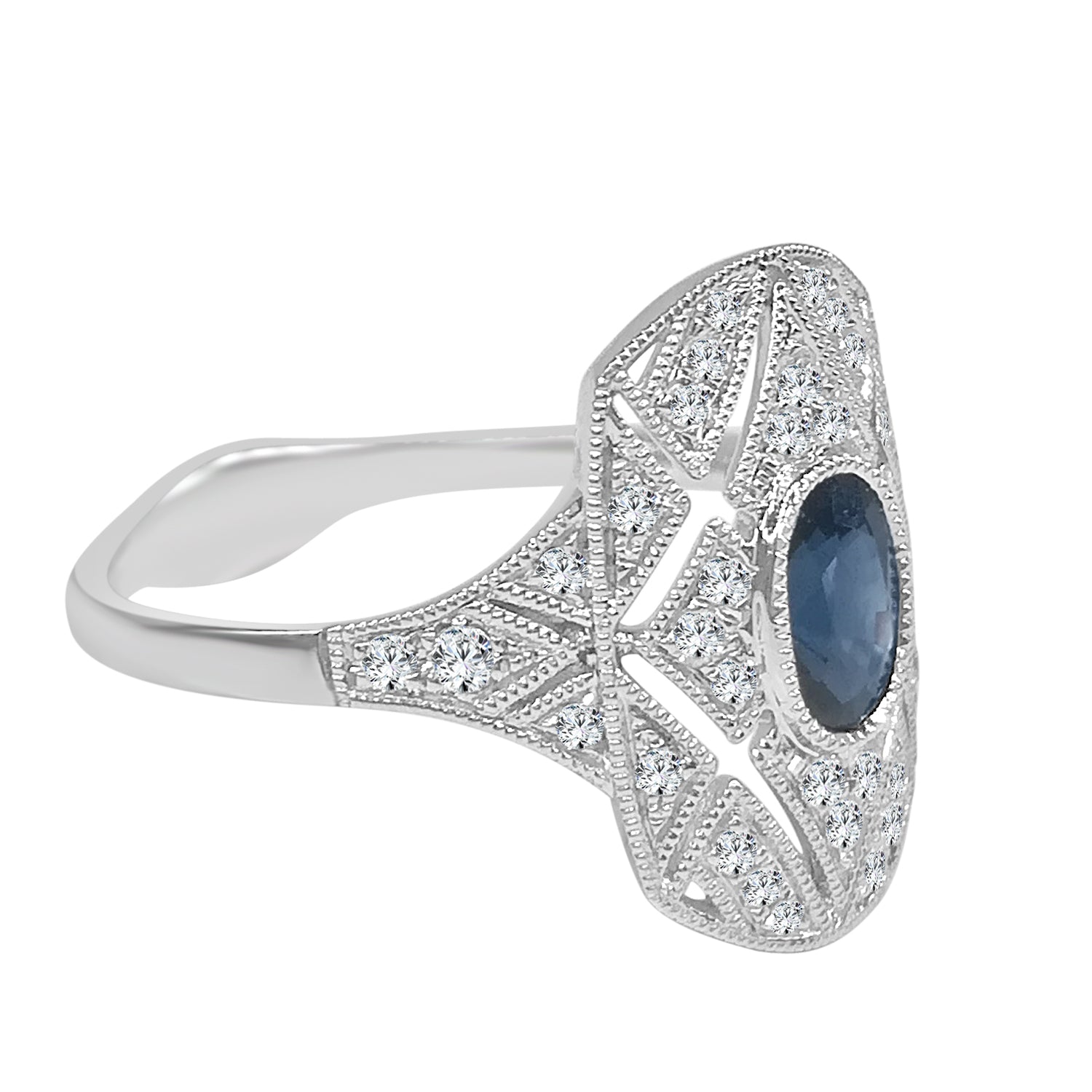 14K White Gold Antique Milgrain Blue Sapphire Oval Ring - 0.60 Carats