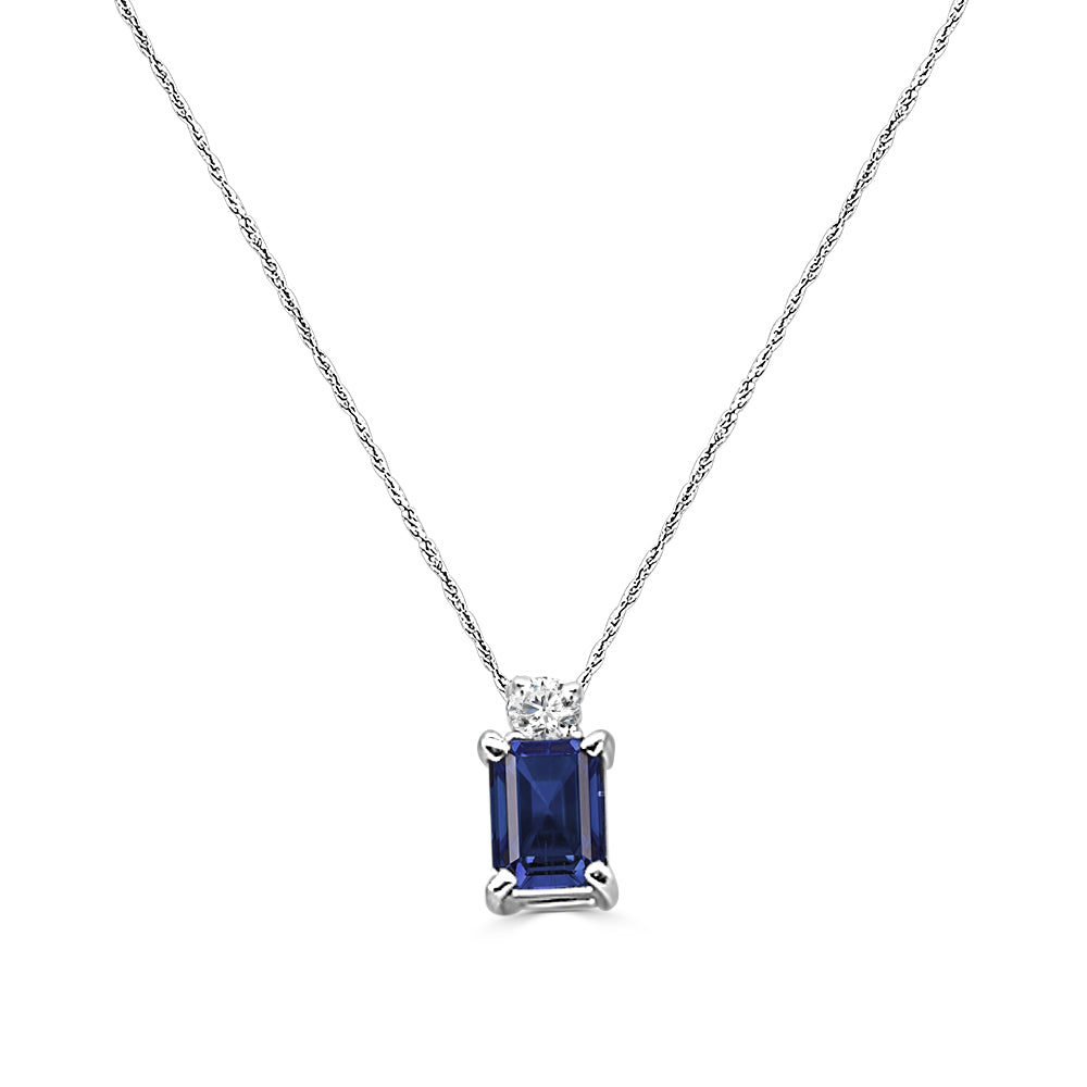 14K White Gold Emerald-Shape Blue Sapphire and Diamond Necklace