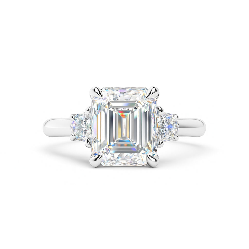 Emerald Cut &amp; Half Moon Three Stone Engagement Ring in 14 Karat White Gold with Lab Diamond – 3.10 Carats
