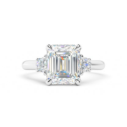 Emerald Cut &amp; Half Moon Three Stone Engagement Ring in 14 Karat White Gold with Lab Diamond – 3.10 Carats