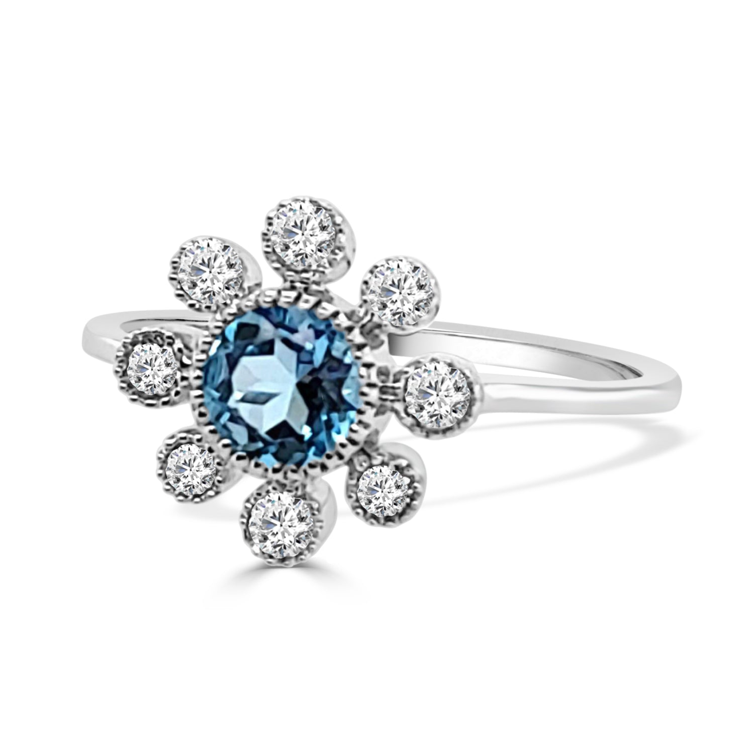 Blue Topaz Beaded Bezel Set Halo Ring in 14K White Gold - 0.55ct Round Shape