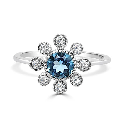 Blue Topaz Beaded Bezel Set Halo Ring in 14K White Gold - 0.55ct Round Shape