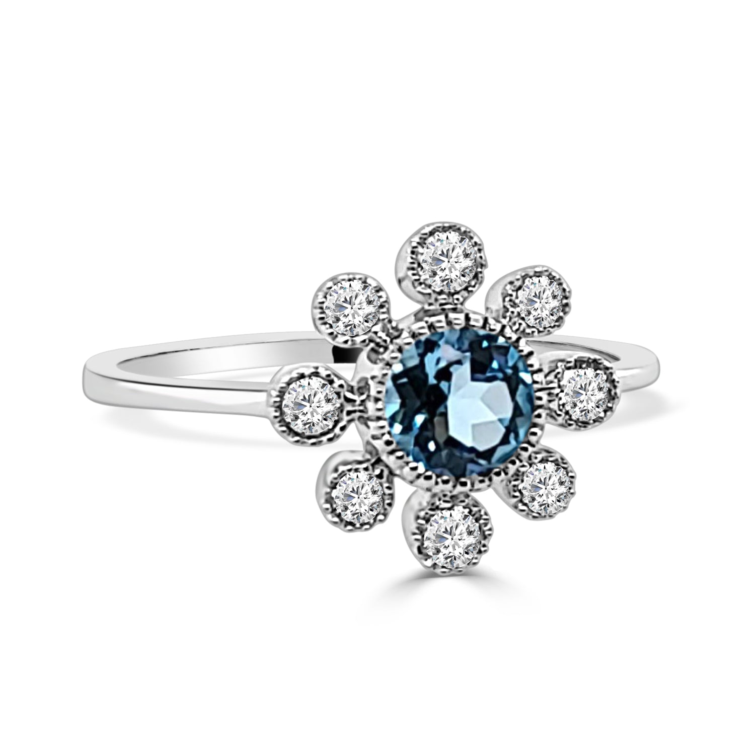 Blue Topaz Beaded Bezel Set Halo Ring in 14K White Gold - 0.55ct Round Shape