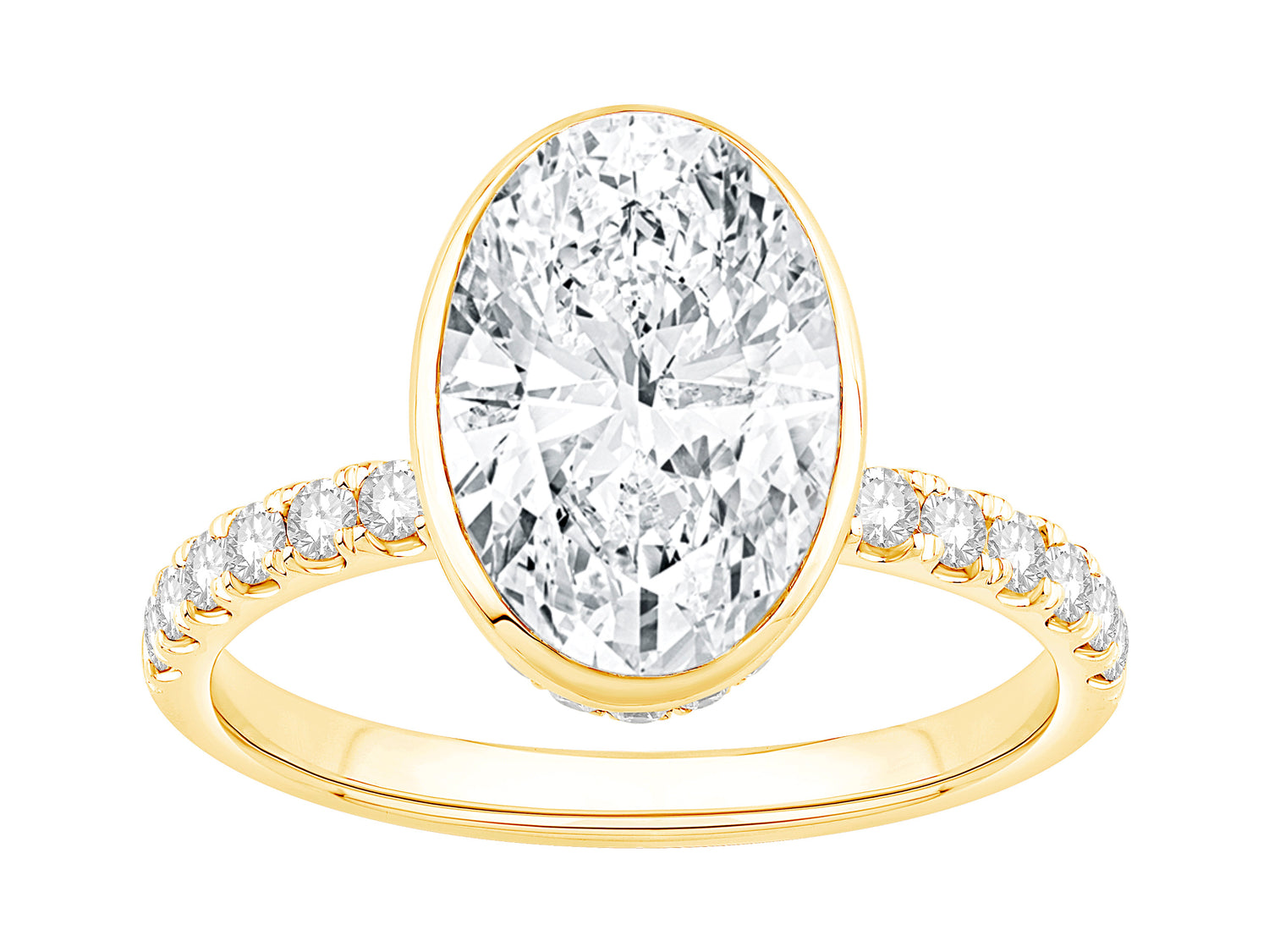 Oval Bezel Set Lab Diamond Engagement Ring with Hidden Halo in 14k Yellow Gold - 3.00 ct