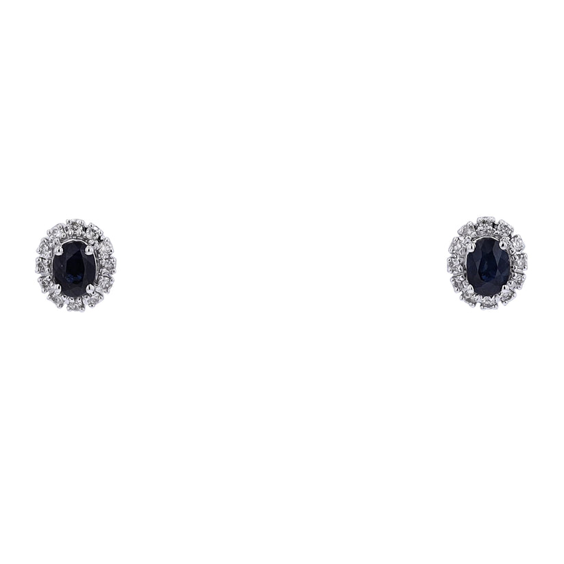 0.50 Carat Blue Sapphire Oval Stud Earrings in 14 Karat White Gold with Diamond Halo