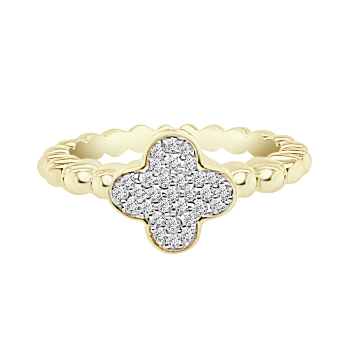 14K Yellow Gold Pave Clover Beaded Ring with Natural Diamond Sparkle (0.15 ct)