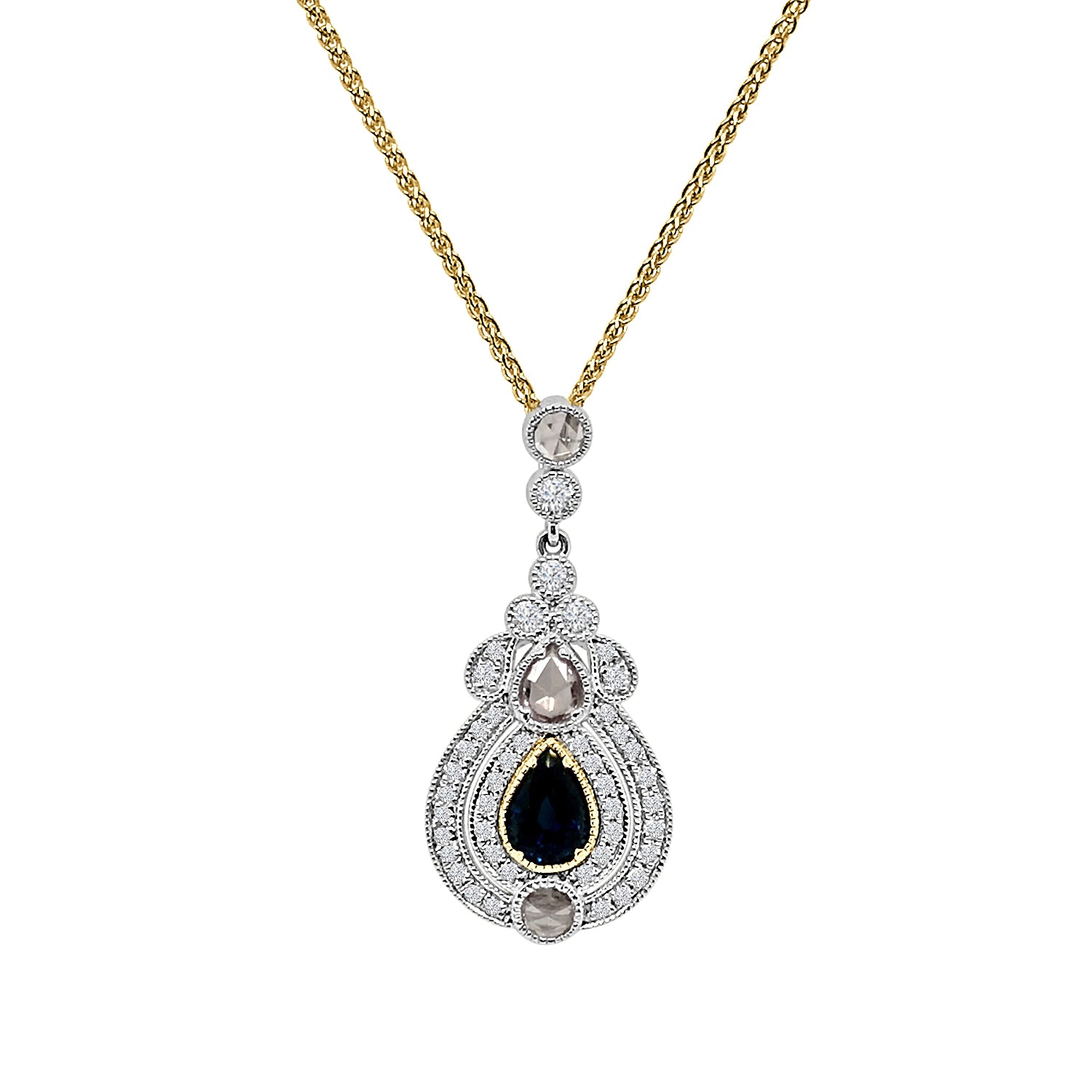Platinum Blue Sapphire Necklace with 14k Rose Cut &amp; Pear Halo Drop - 0.79 Carats