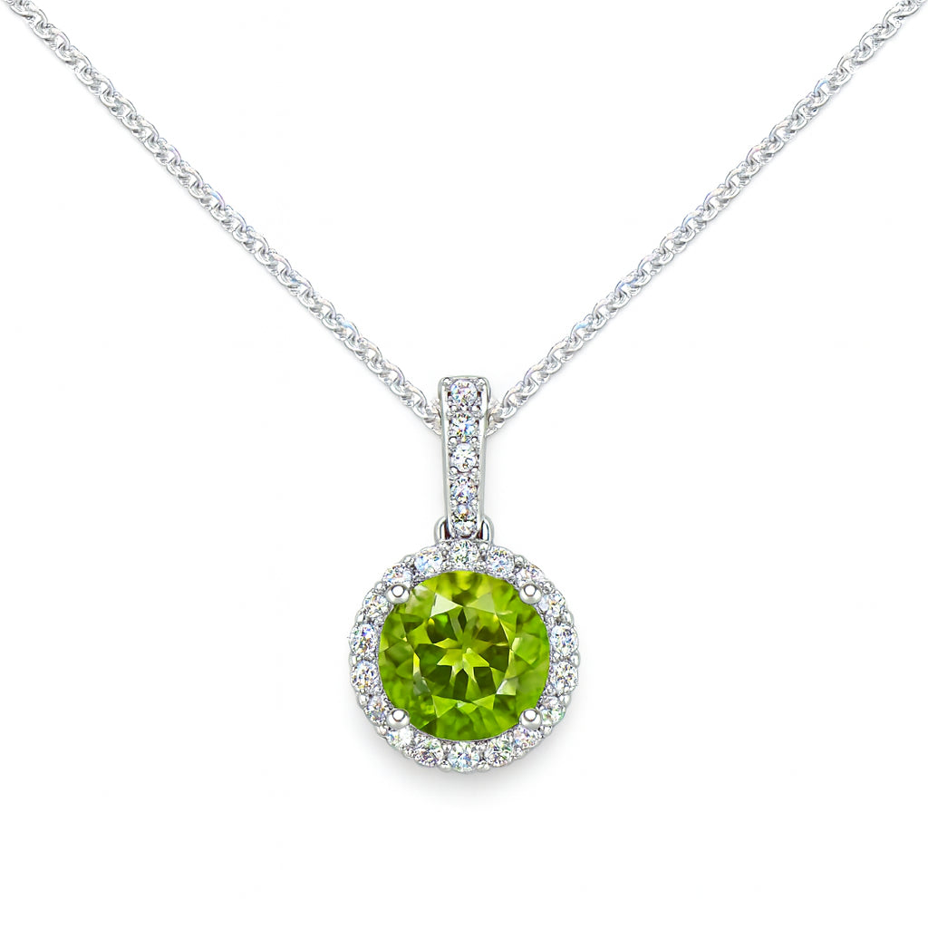 Stunning Peridot and Diamond Necklace in 14K White Gold - Round Shape, 0.95 Carat