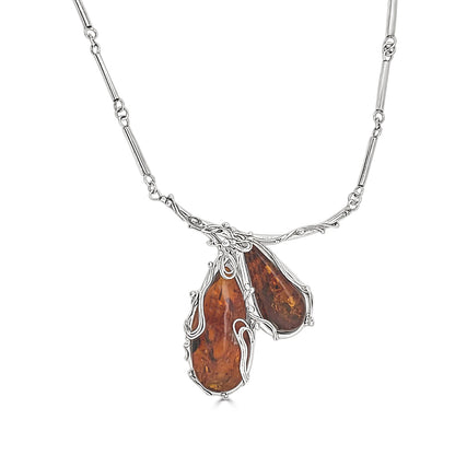 Vintage Sterling Silver Teardrop Amber Necklace - Handcrafted Estate Jewelry