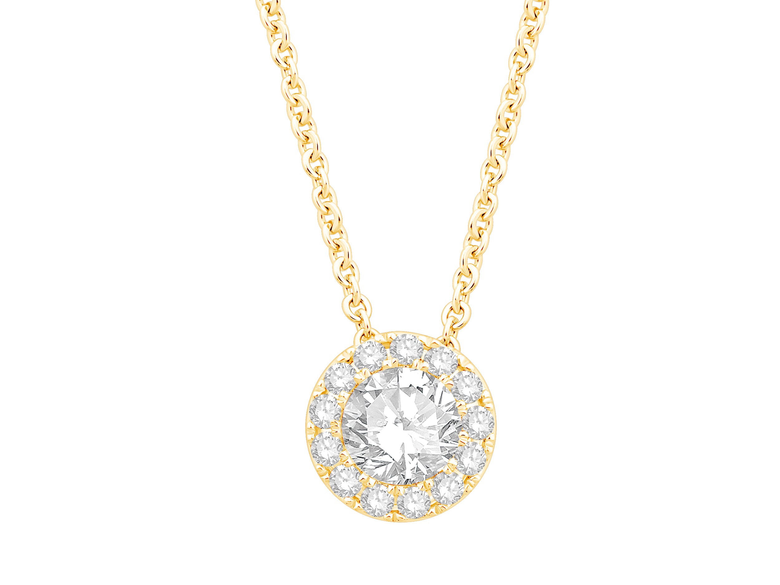 14K Yellow Gold Cable Necklace with Round Halo Pendant and Lab Diamond (1.36 ct)