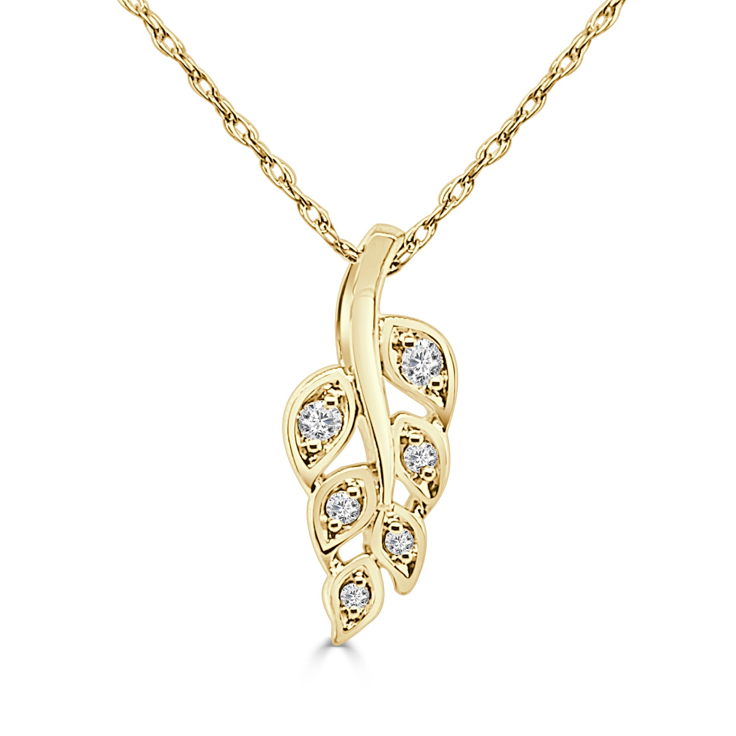 Leaf Design Natural Diamond Necklace in 10 Karat Yellow Gold - 0.05 Carats
