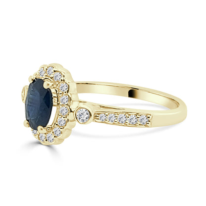 14K Yellow Gold Blue Sapphire Oval Ring with Diamond Halo - 1.00 ct