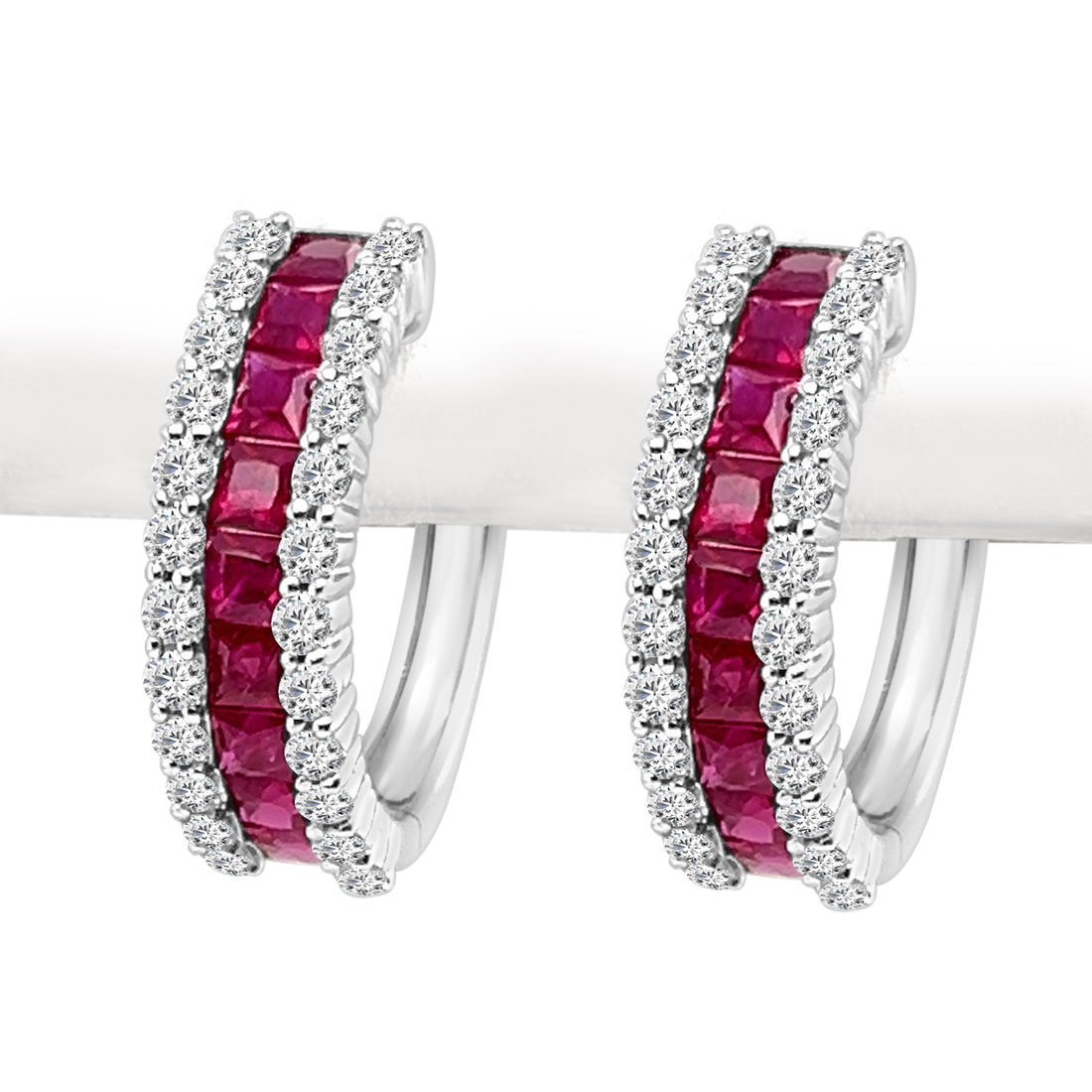 14K White Gold Diamond Channel Set Ruby Hoop Earrings (2.23 ct)