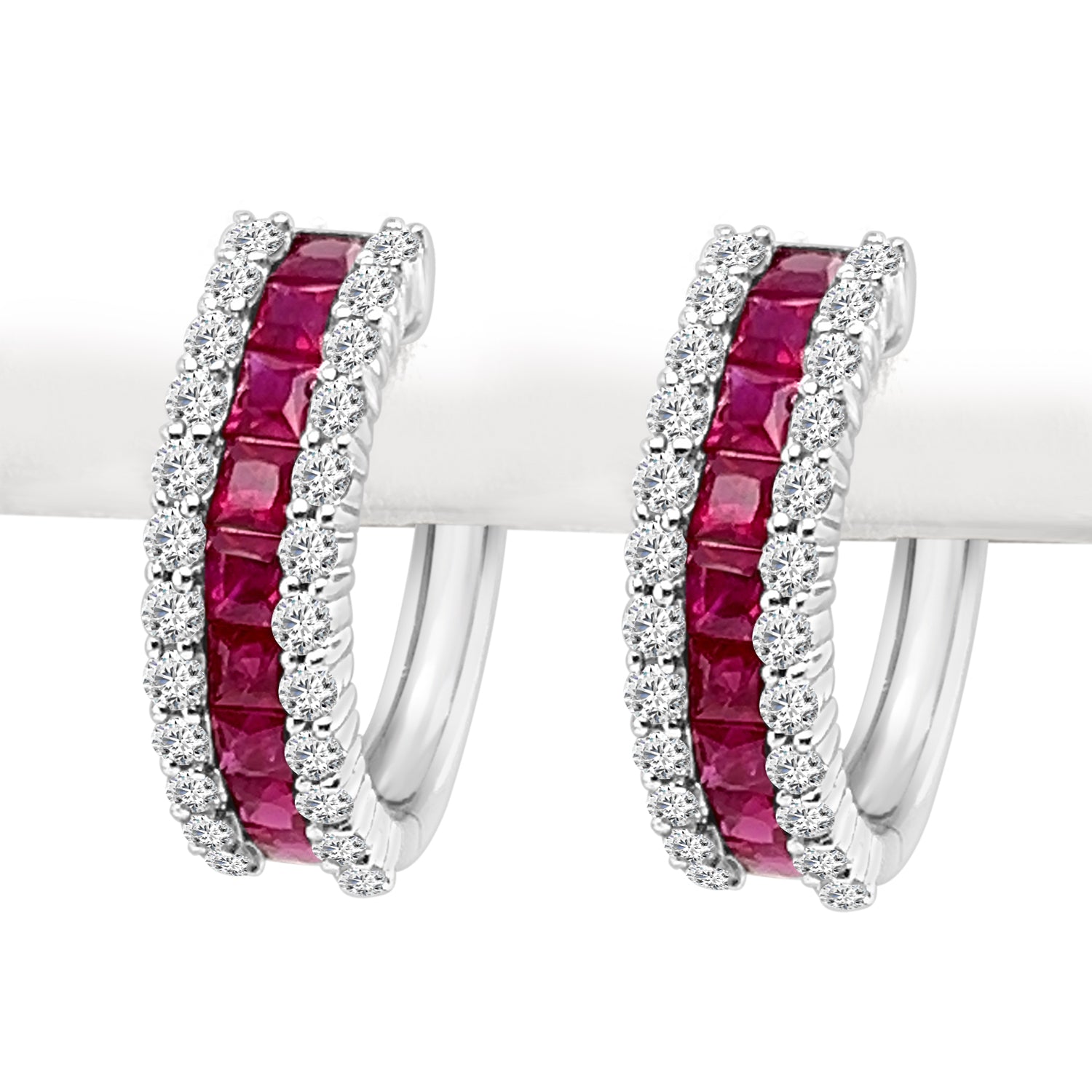 Sparkling Ruby Splendor: 14K White Gold Diamond Channel Set Hoop Earrings with 2.23 Carats of Rich Ruby