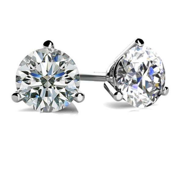 1.01 Carat Natural Diamond Solitaire Studs in 18K White Gold 3 Prong Setting