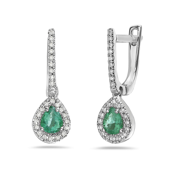 Emerald Pear Halo Earrings in 14 Karat White Gold, 0.74 Carats