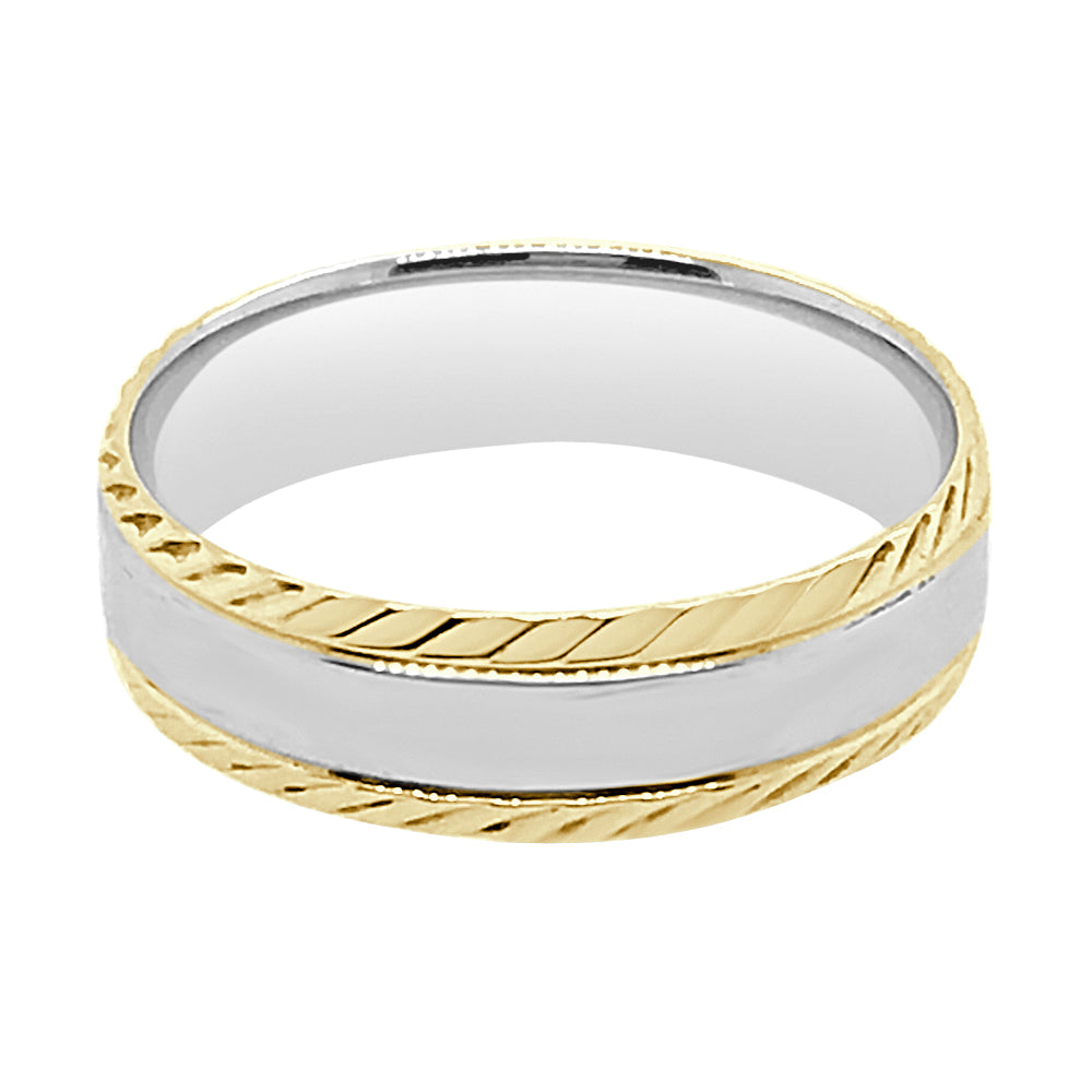 10 Karat Two-Tone Wedding Band with Yellow Gold Etching Design