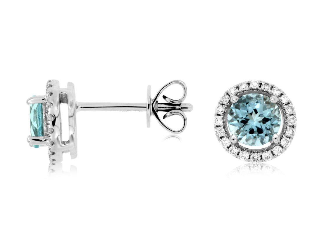 14K White Gold Halo Stud Aquamarine Earrings, 0.88 Carat Round Shape