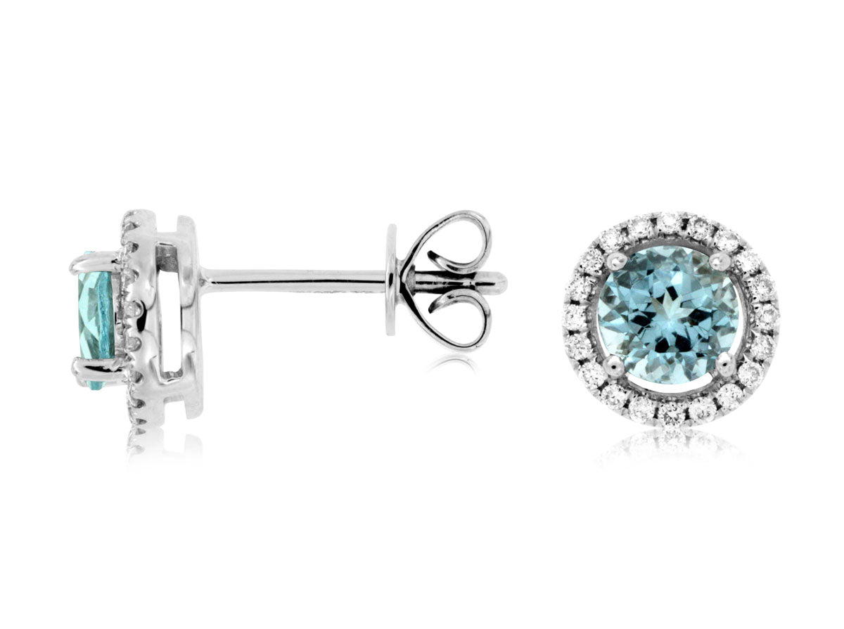 14K White Gold Halo Stud Aquamarine Earrings, 0.88 Carat Round Shape