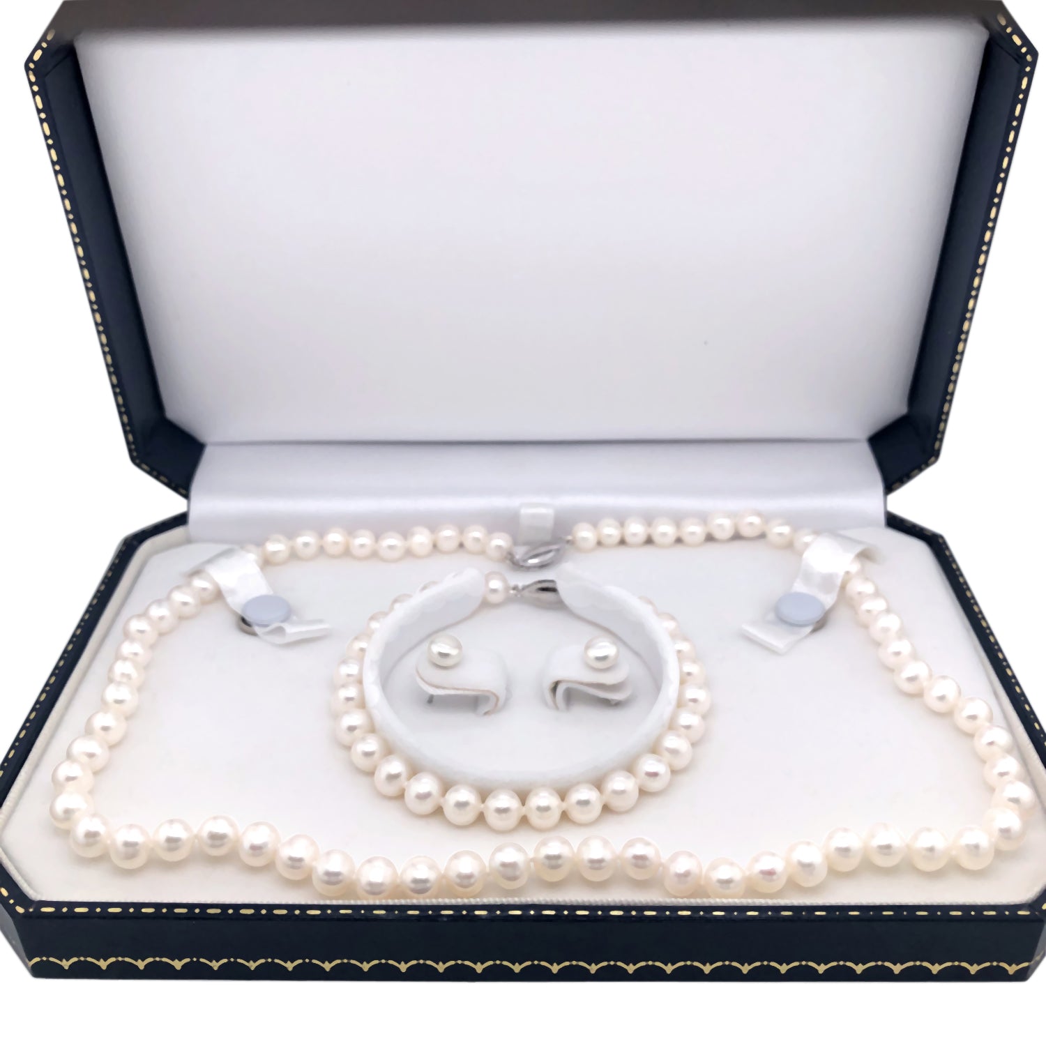 Stunning Sterling Silver Pearl Necklace Set with Bracelet and Earrings
