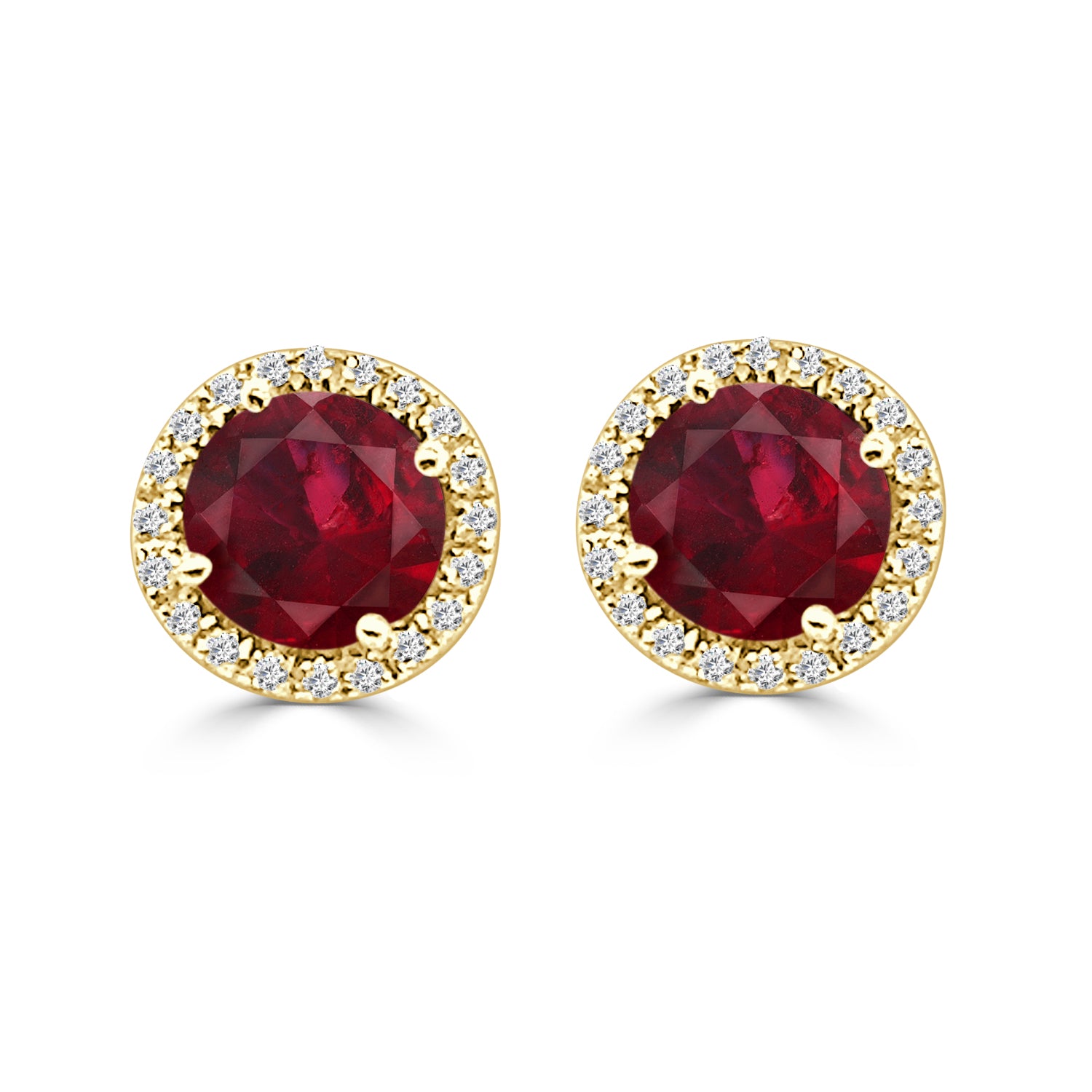 14K Yellow Gold Garnet and Diamond Stud Earrings - Round Shape 1.80 ct