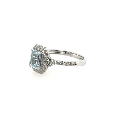 Emerald-Cut Aquamarine and Diamond Halo Ring in 14K Yellow Gold (0.86 ct)
