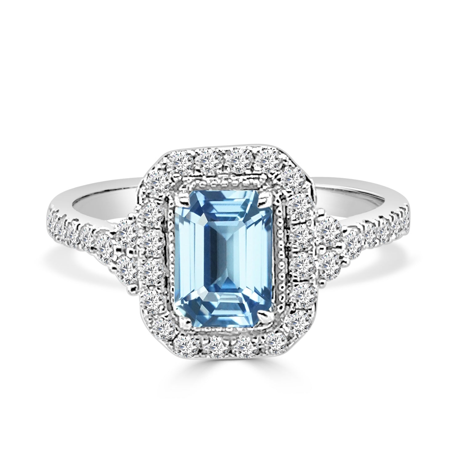 Emerald-Cut Aquamarine and Diamond Halo Ring in 14K Yellow Gold (0.86 ct)